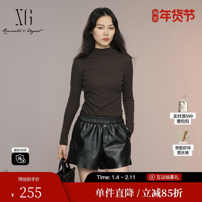 XG/雪歌XK301004A672深咖色长袖T恤2025秋季新款修身半高领上衣女