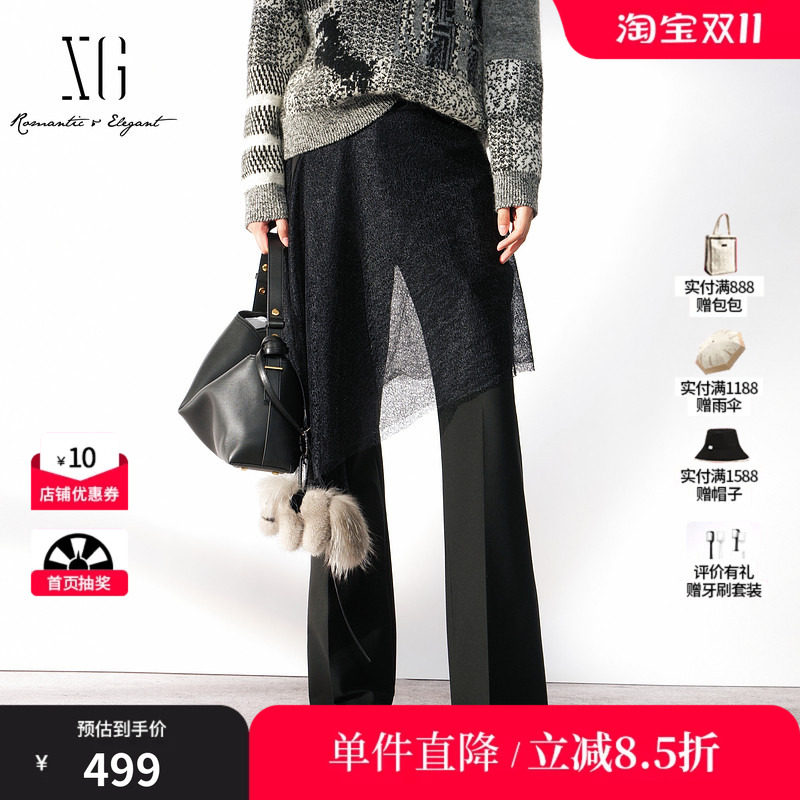 XG/雪歌 XL402025A290黑色直筒微喇西装休闲裤配腰封通勤长裤女装