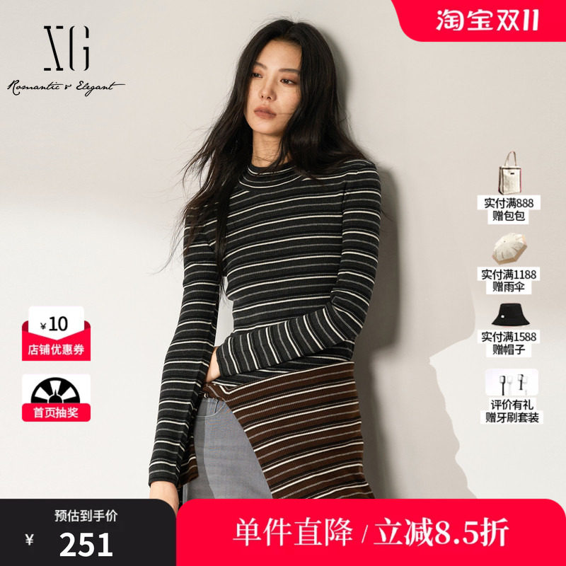XG/雪歌 XM411566B899灰色条纹半高领羊毛混纺毛衣修身亲肤内搭女