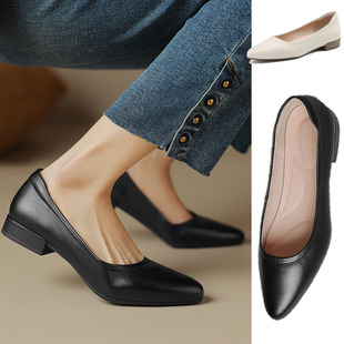 法式头层牛皮高跟鞋气质尖头平底浅口中跟简约工作通勤职业单皮鞋