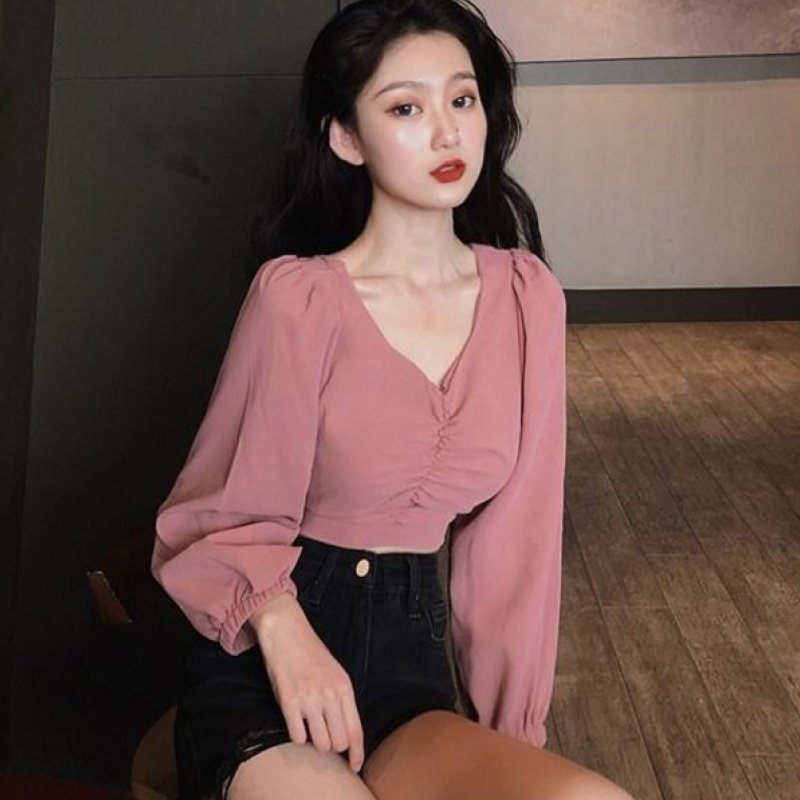 2019春秋装新款韩版气质泡泡袖衬衣短款修身收腰长袖衬衫上衣女装|msdalam kategori Kanak-kanak/Bayi/Keluarga dipasang, keluarga dipasang/fesyen ibu bapa dan anak - dari Buy2taobao.com untuk memberikan perkhidmatan ejen Taobao profesional membeli