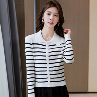 洋气条纹针织开衫女长袖正肩短款外套2025年秋冬Polo领毛衣打底衫