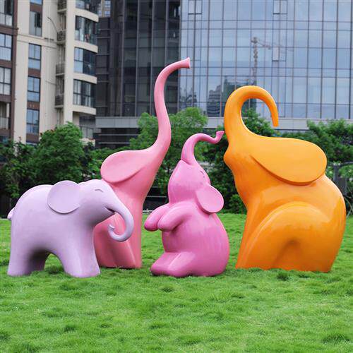 户外园林玻璃钢仿真卡通大象雕塑商场游乐园几何抽象动物装饰摆件