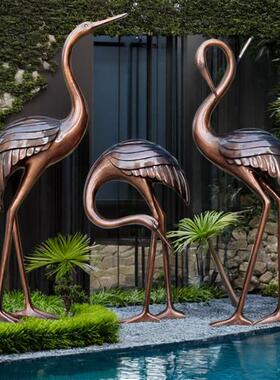 中式仿铜仙鹤模型摆件水池现代庭院园林景观装饰品大型玻璃钢雕塑