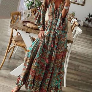 style sleeved waist holiday high dress Retro women printed