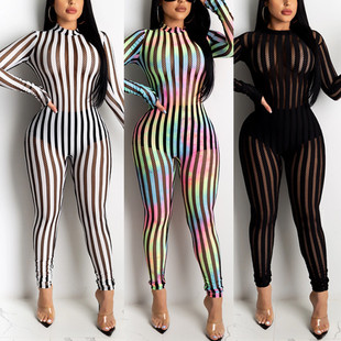 Club Outfits See Sexy Stretch Party Through Jumpsuit Striped