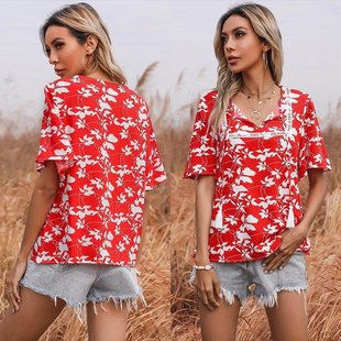 printing neck stitching sleeved loose Top shirwomen short