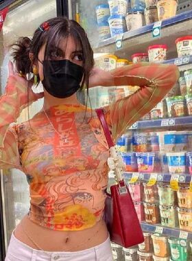 印花网纱修身长袖上衣橘红色上衣紧身longsleevedtop