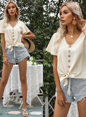 Women's 2021 summer top solid color button bow tie shirt衬衫