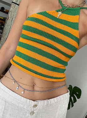 Striped contrasting neckband tank top 条纹撞色挂脖吊带背心女