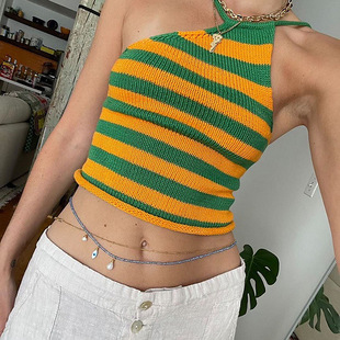 Striped contrasting neckband tank top 条纹撞色挂脖吊带背心女