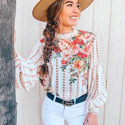 chic boho shirt 2022 new chiffon blouses印花灯笼袖小高领衬衫