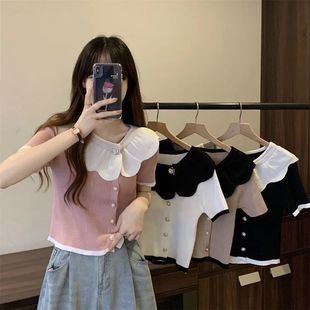 sleeved 上衣 lace 修身 Contrast top撞色花边短袖 slim short fit