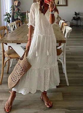 Short Sleeve Beach Dress Summer Drawstring Loose Party Dress