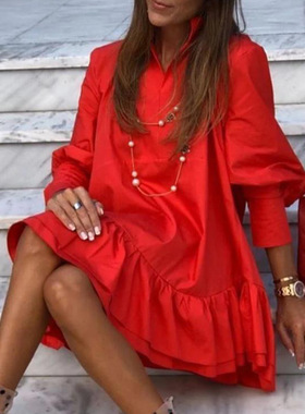 tern Sleeve Back With Ruffles Korean Style Elegant Red Dress