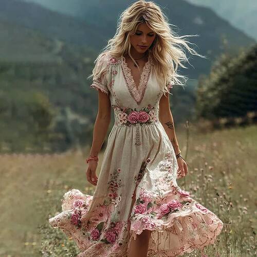 印花V领短袖收腰印花连衣裙