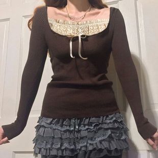 sleeved square neck Spliced 拼接蕾丝长袖 long top 上衣女 lace