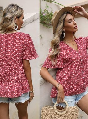 2021 summer new floral v-neck ruffle shirt women荷叶边衬衫女