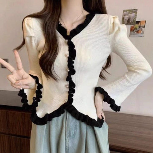 德绒木耳边保暖七分袖打底T恤女