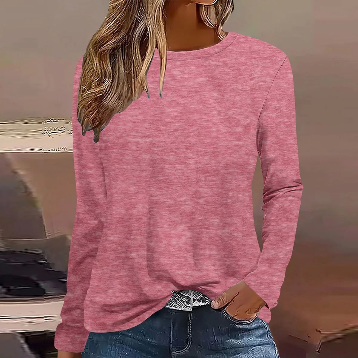 Round neck solid color pullover top for women 圆领纯色上衣女