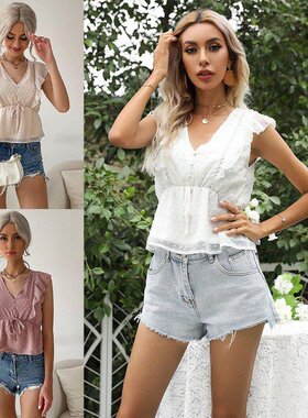 2021 ruffle stitching solid color short-sleeved shirt women