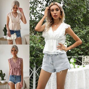 2021 ruffle stitching solid color short-sleeved shirt women