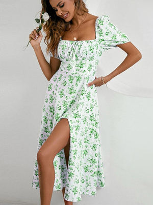 碎花无袖开叉长款连衣裙