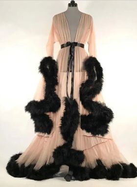 Feather trumpet sleeve trailing long skirt羽毛喇叭袖拖尾长裙