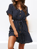 波点印花连衣裙 Print Polka Sexy Tie Dot Neck Dress Chiffon
