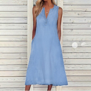 Pure color V-neck casual long denim skirt loose plus size 新