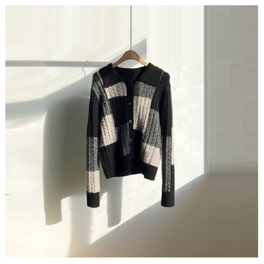 林小雅 古着感！韩设计师原创方块拼色高级感绵羊毛麻花开衫毛衣