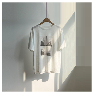 春夏时髦休闲透气叠穿短袖 棉T恤女 上衣 圆领印花亚麻 林小雅