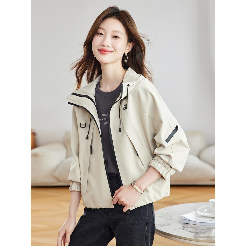 JOYIASS时尚玫红色风衣短外套女秋季2025新款休闲连帽冲锋衣洋气