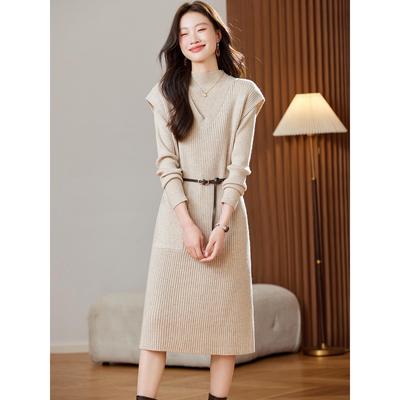 JOYIASS时尚贵夫人秋冬针织马甲连衣裙小个子中长款收腰叠穿毛衣