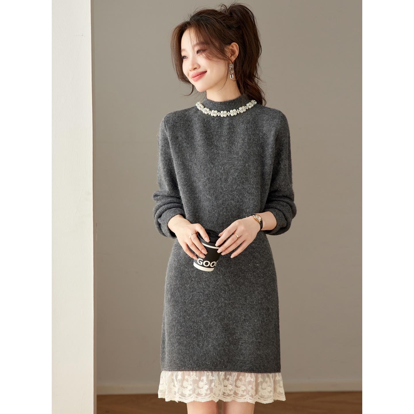 JOYIASS针织连衣裙女红色收腰系带中长款显瘦气质打底裙