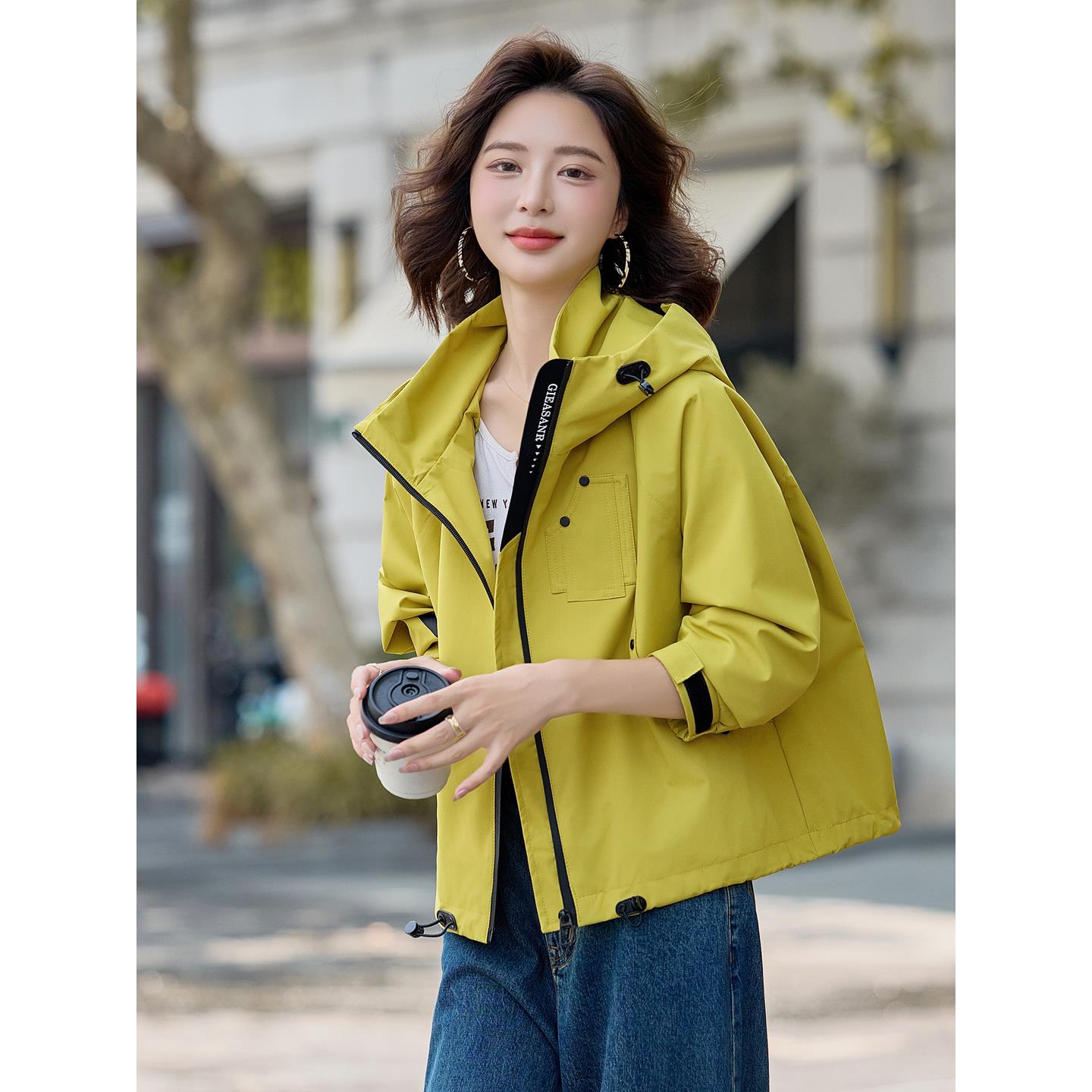 JOYIASS玫红色连帽风衣外套女2025春秋季新款时尚洋气小个子百搭