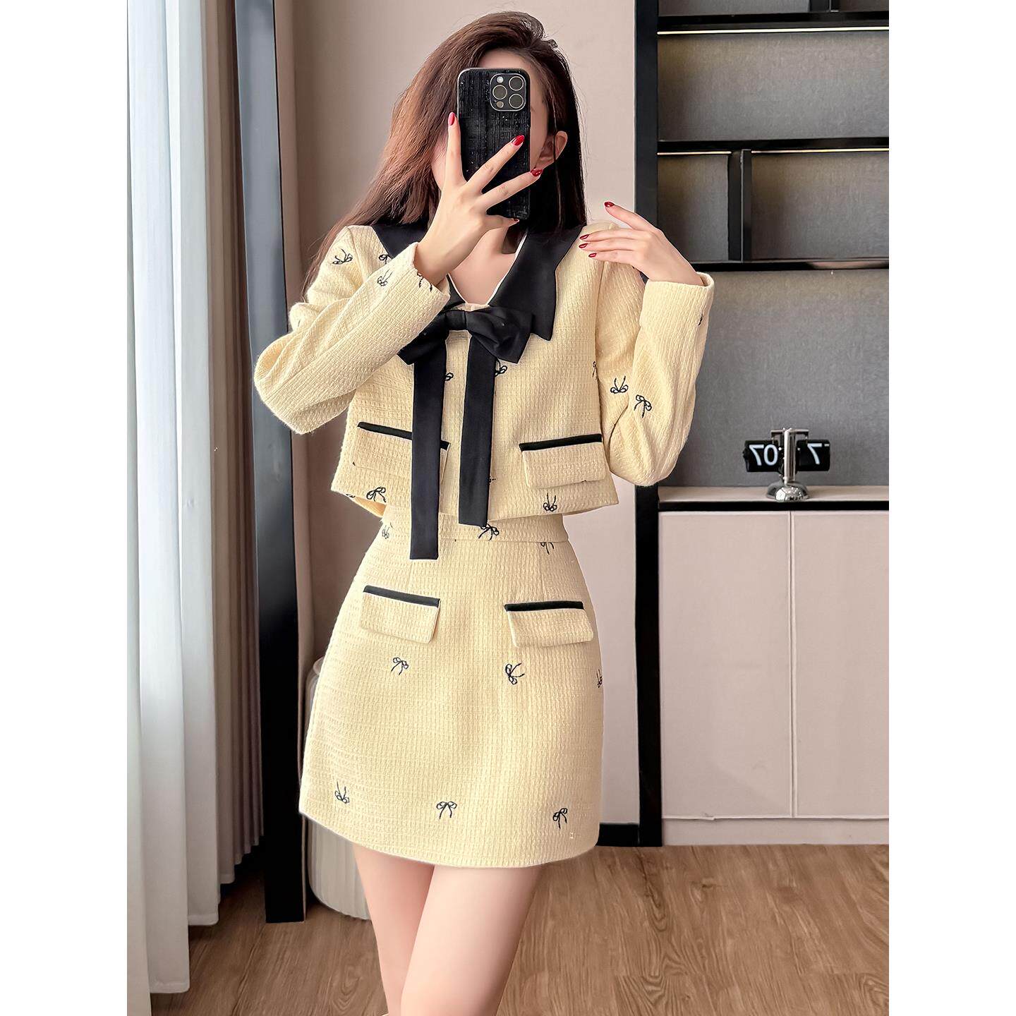 JOYIASS法式小香风黄色短外套套装女秋冬韩系名媛感富家千金高级