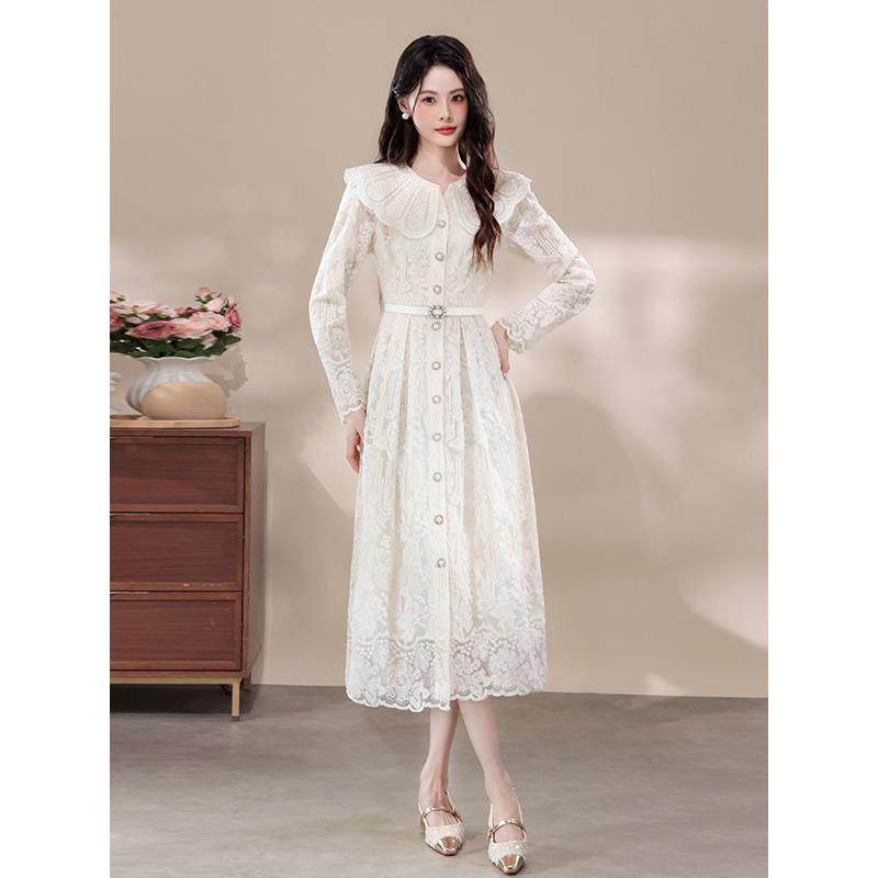 JOYIASS白色蕾丝重工镶钻减龄长袖连衣裙女秋冬高级感独特漂亮刺