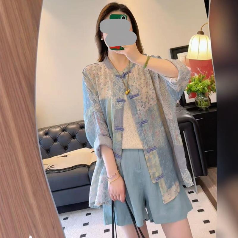 RIERA新中式国风套装女高级感别致夏季盘扣防晒衬衫短裤减龄洋气