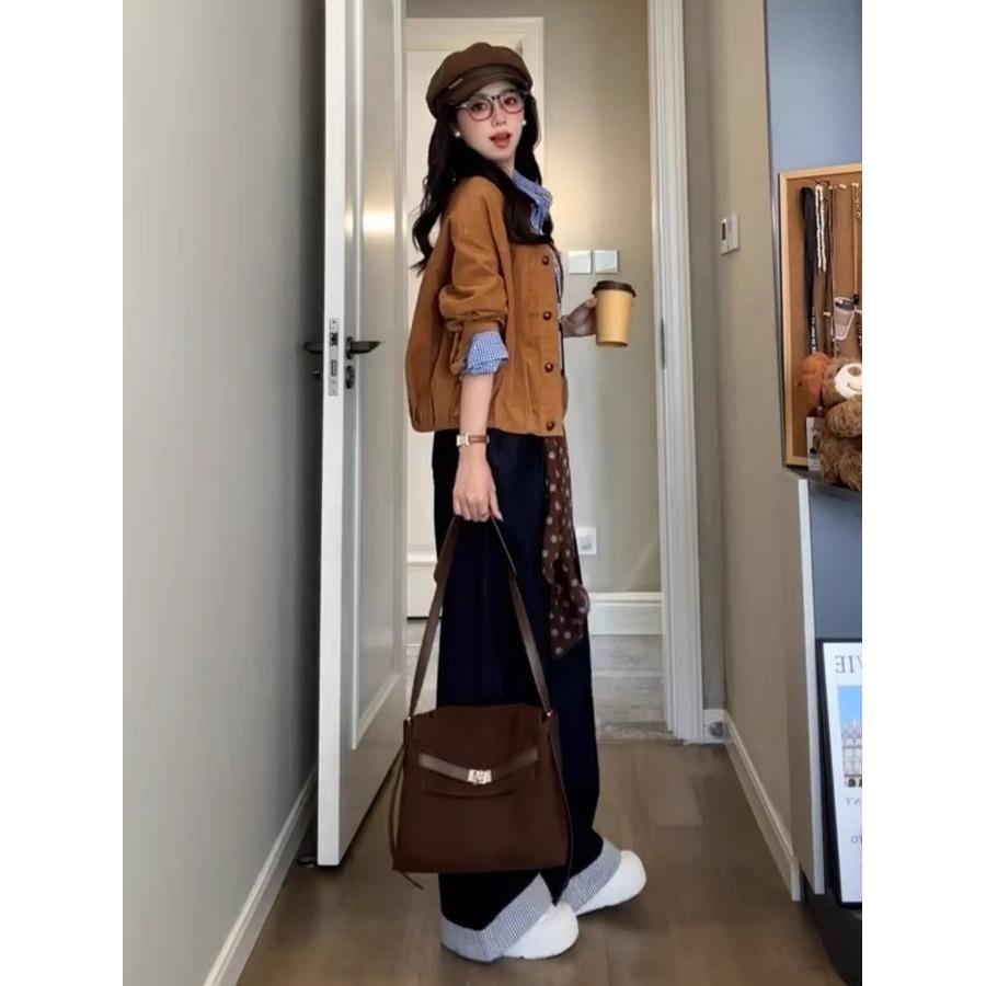 JOYIASS初秋穿搭一整套覆古短款外套格子衬衫上衣牛仔阔腿裤三件