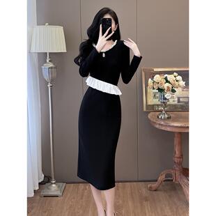 JOYIASS小香风黑色重工设计感连衣裙女秋冬高级感时尚减龄显瘦荷