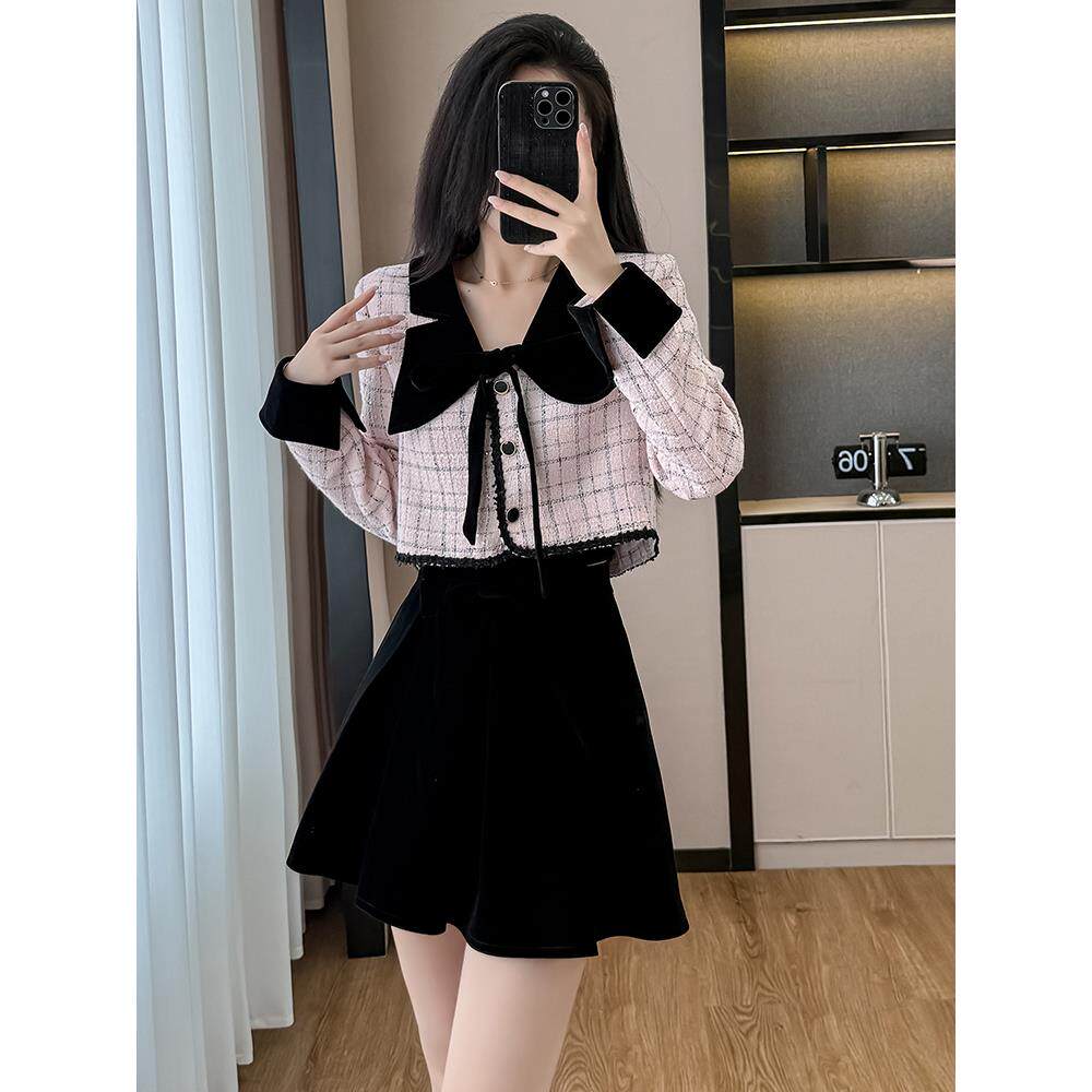 JOYIASS粉色小香风短款外套女秋冬穿搭套装高级感韩系上衣半身裙