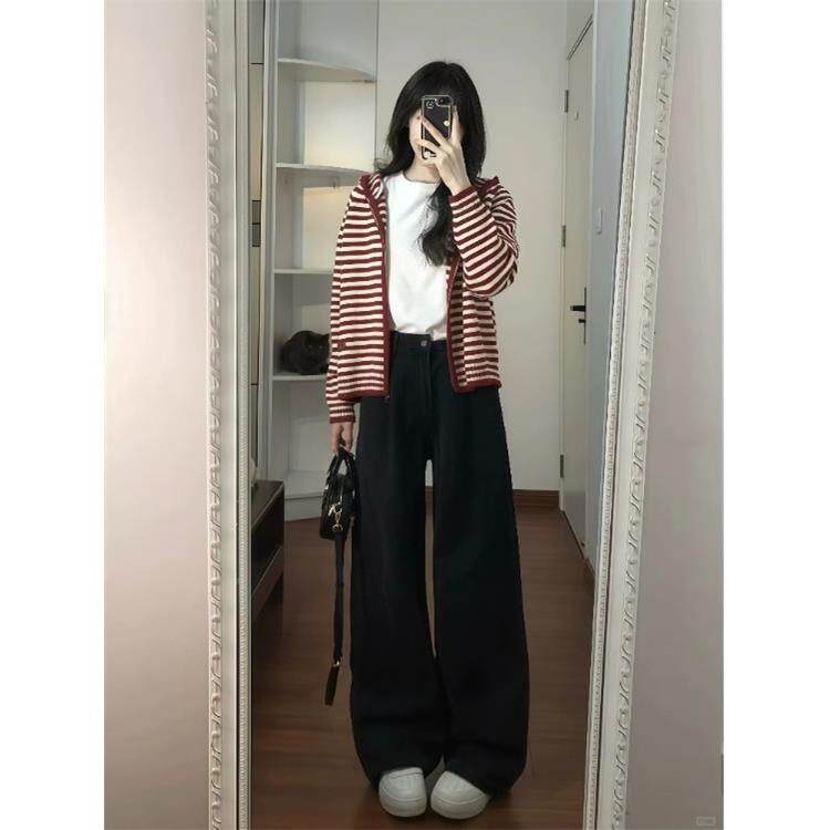 JOYIASS早秋穿搭ootd搭配一整套装女秋冬慵懒风条纹针织开衫牛仔
