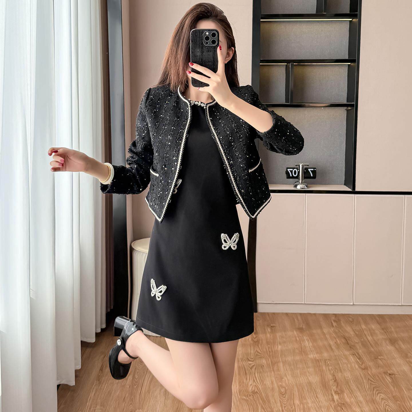 JOYIASS秋冬穿搭一整套高级感套装裙名媛千金感黑色开衫外套半身