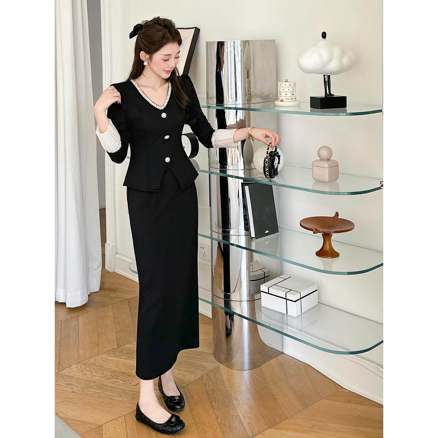 JOYIASS黑色减龄高级感穿搭套装连衣裙女秋冬重工钉珠收腰上衣半
