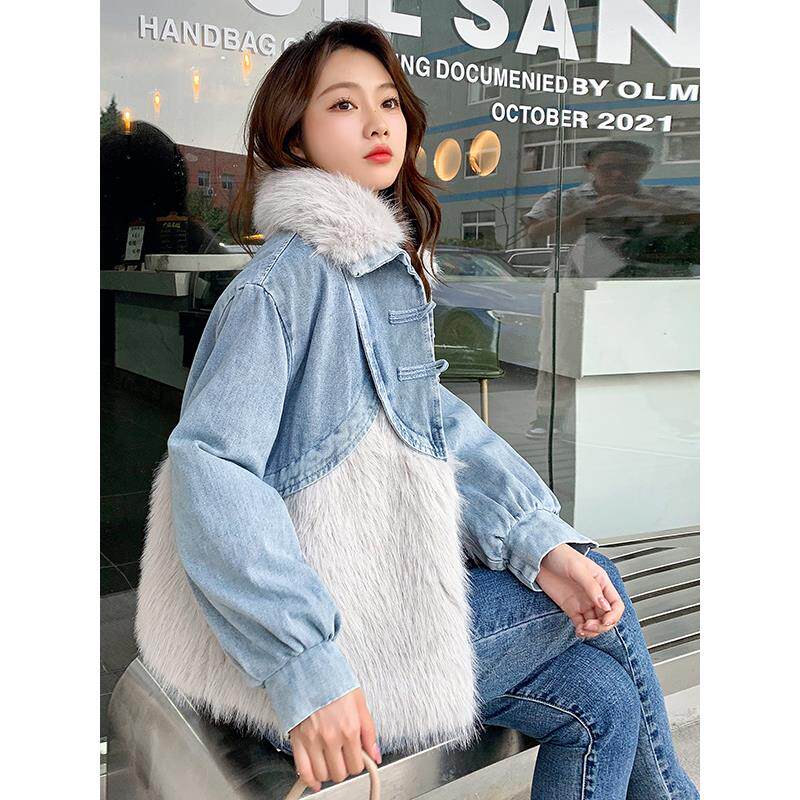 JOYIASS蓝色牛仔拼接加厚派克服女秋冬巨好看的皮毛一体翻领短款