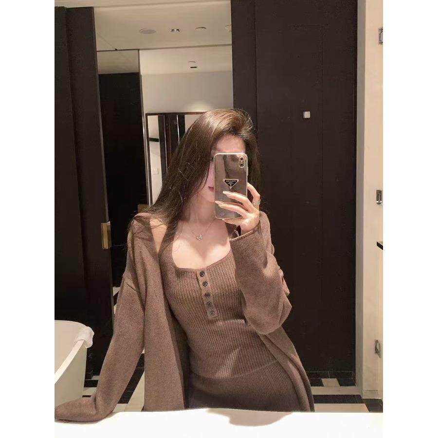 JOYIASS韩系休闲穿搭套装女秋冬开衫毛衣长外套吊带背心针织阔腿