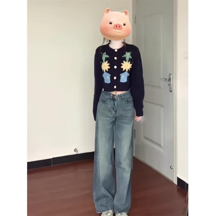 JOYIASS韩系ootd穿搭一整套女秋冬覆古撞色涂鸦针织开衫毛衣牛仔