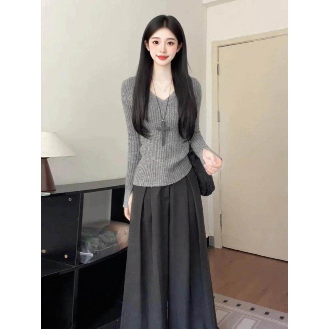 JOYIASS长袖修身针织衫灰色半身裙两件套女秋冬巨好看的ootd穿搭