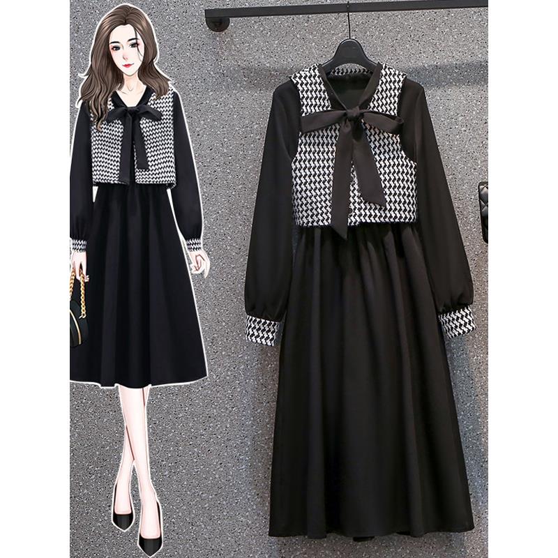 JOYIASS春秋法式减龄马甲打底裙两件套大码胖妹妹收腰显瘦黑色连